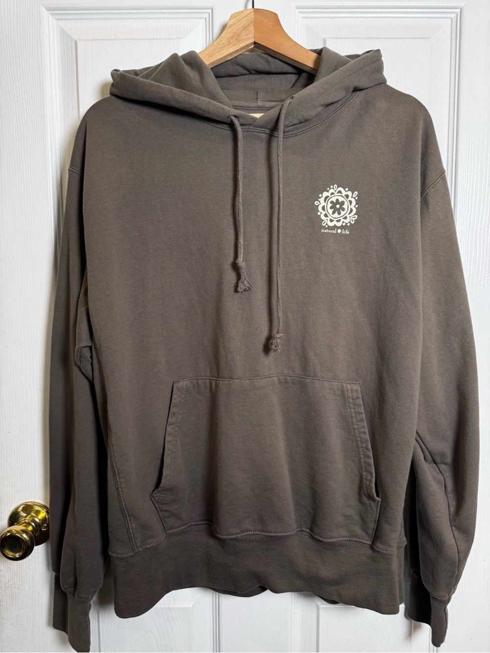 Natural Life Boho Camper Graphic Hoodie Brown Gray Pullover Small Oversized